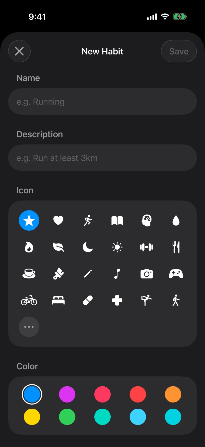 Icon picker and colour swatches from the New Habit sheet